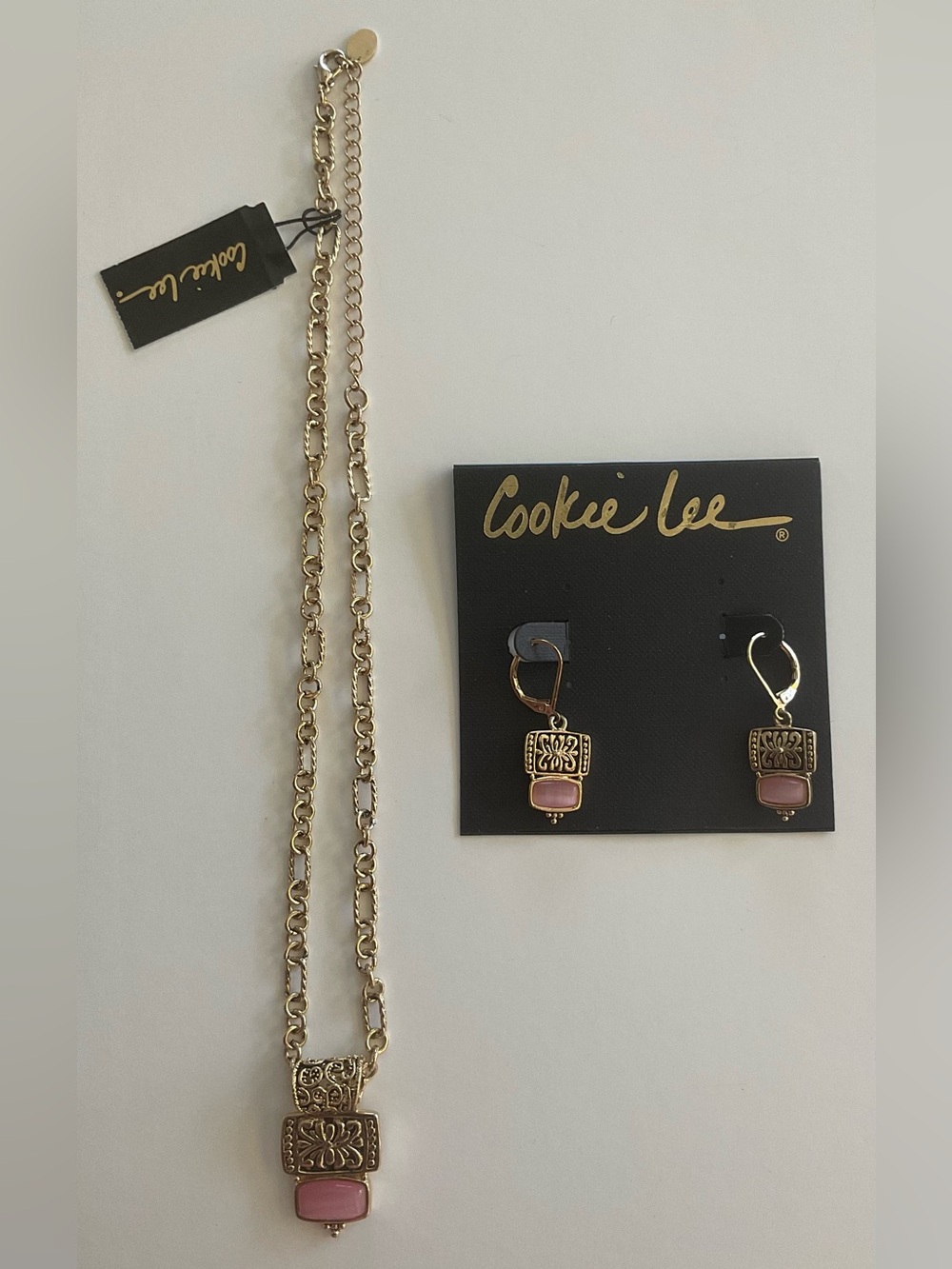 Cookie Lee Gold Tone Pink Necklace & Dangle Earrings Set
